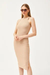 Olalook Women's Camel Halter Collar Lycra Slim Ribbed Slit Ottoman Dress - Image 4