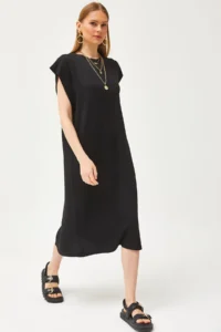 Olalook Women's Black Underarm Piece and Slit at the Back Crystal Dress