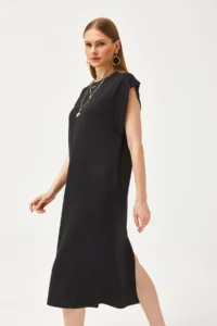 Olalook Women's Black Underarm Piece and Slit at the Back Crystal Dress - Image 3
