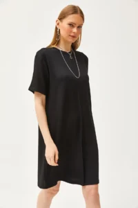 Olalook Women's Black Front Stitched Soft Textured Mini Dress - Image 3