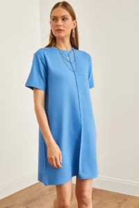 Olalook Women's Blue Front Stitched Soft Textured Mini Dress