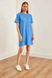 Olalook Women's Blue Front Stitched Soft Textured Mini Dress - Image 2