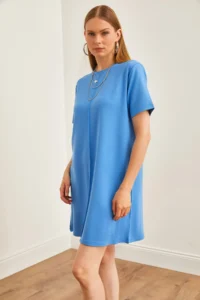 Olalook Women's Blue Front Stitched Soft Textured Mini Dress - Image 3