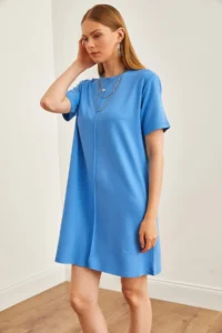 Olalook Women's Blue Front Stitched Soft Textured Mini Dress - Image 4
