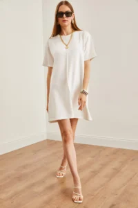 Olalook Women's Ecru Front Stitched Soft Textured Mini Dress - Image 2