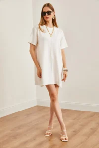 Olalook Women's Ecru Front Stitched Soft Textured Mini Dress - Image 3