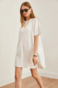Olalook Women's Ecru Front Stitched Soft Textured Mini Dress - Image 4