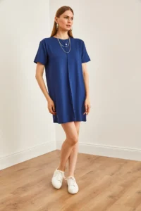 Olalook Women's Navy Blue Front Stitched Soft Textured Mini Dress - Image 2