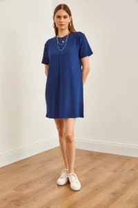 Olalook Women's Navy Blue Front Stitched Soft Textured Mini Dress - Image 3