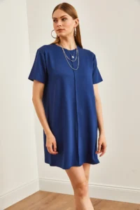 Olalook Women's Navy Blue Front Stitched Soft Textured Mini Dress - Image 4