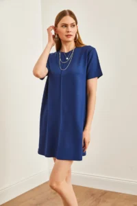 Olalook Women's Navy Blue Front Stitched Soft Textured Mini Dress - Image 5