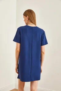 Olalook Women's Navy Blue Front Stitched Soft Textured Mini Dress - Image 6