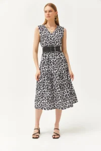 Olalook Women's Leopard White V-neck Elastic Waist Piece Knitted Dress - Image 3