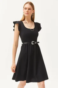 Olalook Women's Black U-Neck Sleeve Detailed Flared Dress