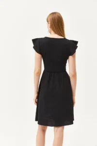 Olalook Women's Black U-Neck Sleeve Detailed Flared Dress - Image 2