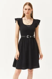 Olalook Women's Black U-Neck Sleeve Detailed Flared Dress - Image 3