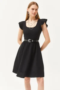 Olalook Women's Black U-Neck Sleeve Detailed Flared Dress - Image 4