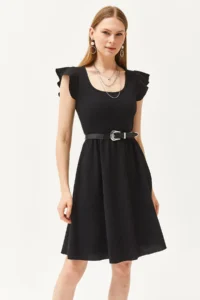Olalook Women's Black U-Neck Sleeve Detailed Flared Dress - Image 5