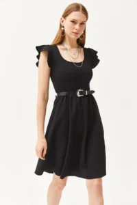 Olalook Women's Black U-Neck Sleeve Detailed Flared Dress - Image 6