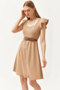 Olalook Women's Camel U-Neck Sleeve Detailed Flared Dress