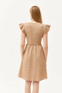 Olalook Women's Camel U-Neck Sleeve Detailed Flared Dress - Image 2