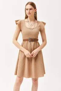 Olalook Women's Camel U-Neck Sleeve Detailed Flared Dress - Image 3