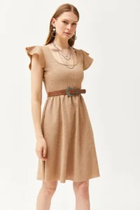 Olalook Women's Camel U-Neck Sleeve Detailed Flared Dress - Image 4