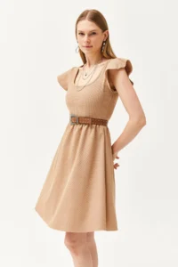 Olalook Women's Camel U-Neck Sleeve Detailed Flared Dress - Image 5