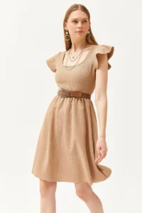 Olalook Women's Camel U-Neck Sleeve Detailed Flared Dress - Image 6