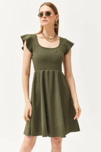 Olalook Women's Khaki U-Neck Sleeve Detailed Flared Dress - Image 2