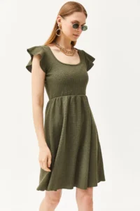 Olalook Women's Khaki U-Neck Sleeve Detailed Flared Dress - Image 3