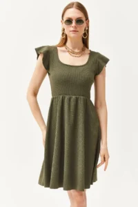 Olalook Women's Khaki U-Neck Sleeve Detailed Flared Dress - Image 4