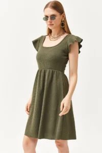 Olalook Women's Khaki U-Neck Sleeve Detailed Flared Dress - Image 5