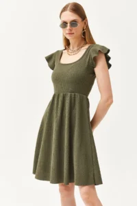 Olalook Women's Khaki U-Neck Sleeve Detailed Flared Dress - Image 6