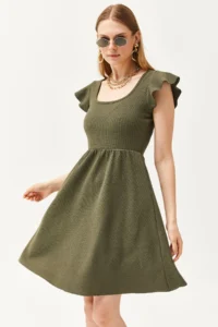 Olalook Women's Khaki U-Neck Sleeve Detailed Flared Dress - Image 7