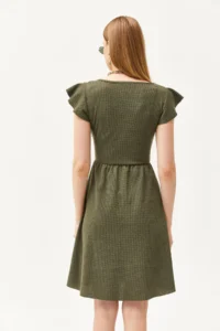 Olalook Women's Khaki U-Neck Sleeve Detailed Flared Dress - Image 8