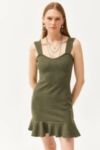 Olalook Women's Khaki Heart Collar Ruffle Mini Honeycomb Dress - Image 2