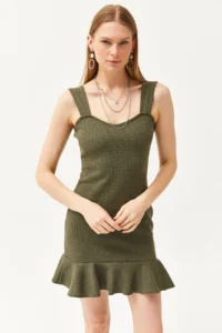 Olalook Women's Khaki Heart Collar Ruffle Mini Honeycomb Dress - Image 3
