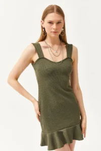 Olalook Women's Khaki Heart Collar Ruffle Mini Honeycomb Dress - Image 4