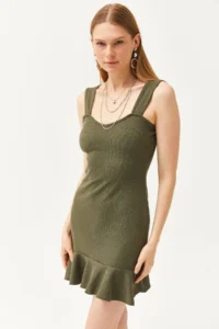 Olalook Women's Khaki Heart Collar Ruffle Mini Honeycomb Dress - Image 5