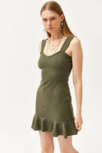 Olalook Women's Khaki Heart Collar Ruffle Mini Honeycomb Dress - Image 6