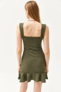 Olalook Women's Khaki Heart Collar Ruffle Mini Honeycomb Dress - Image 7