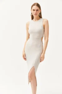 Olalook Women's Stone Waist Decollete Stone Detailed Slit Flexible Dress - Image 2