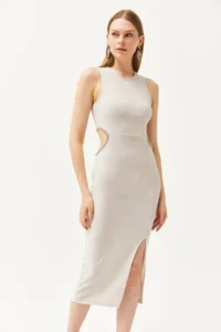 Olalook Women's Stone Waist Decollete Stone Detailed Slit Flexible Dress - Image 3