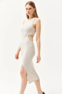 Olalook Women's Stone Waist Decollete Stone Detailed Slit Flexible Dress - Image 4