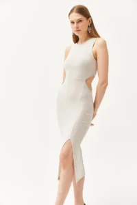 Olalook Women's Stone Waist Decollete Stone Detailed Slit Flexible Dress - Image 5