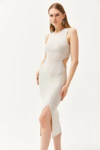 Olalook Women's Stone Waist Decollete Stone Detailed Slit Flexible Dress - Image 6