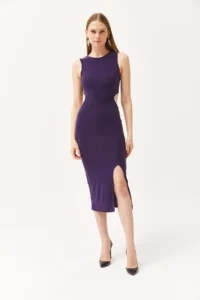 Olalook Women's Purple Waist Decollete Stone Detailed Slit Flexible Dress - Image 2