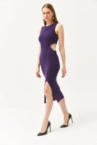 Olalook Women's Purple Waist Decollete Stone Detailed Slit Flexible Dress - Image 4