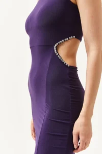 Olalook Women's Purple Waist Decollete Stone Detailed Slit Flexible Dress - Image 7